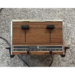 Vintage General Electric 4 Slice Toaster Wood Grain Chrome T128 Tested Working